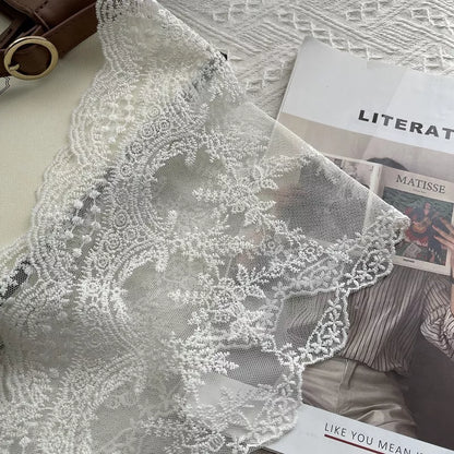 Women's Cotton Lace Neck Scarf — close detail of off-white lace flowers and scalloped hem