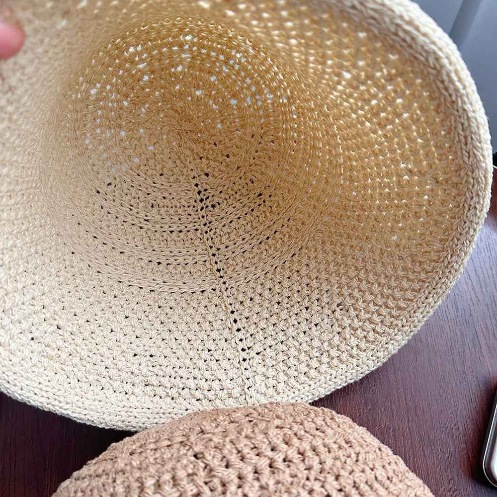 Unisex Beige Crochet Straw Bucket Sun Hat texture close-up