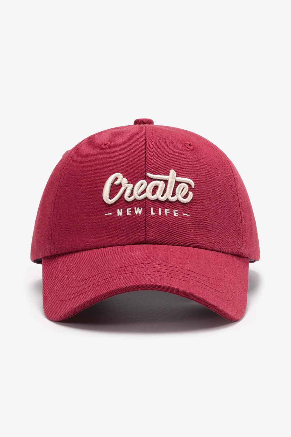 Deep red CREATE NEW LIFE cotton baseball cap front
