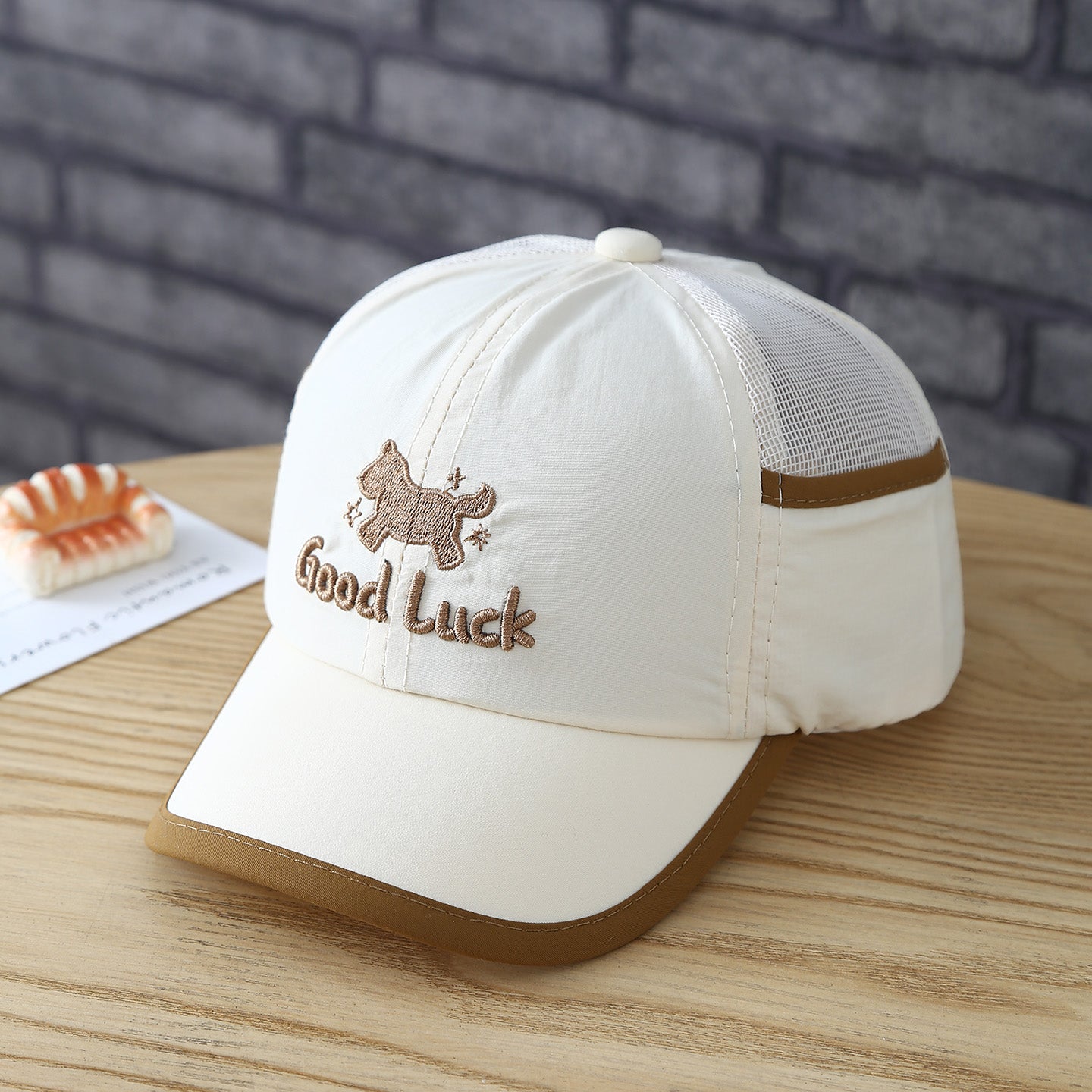 Kids dog cap curved brim close-up