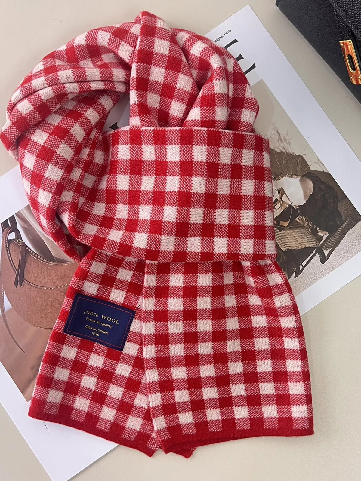 Unisex 100% Wool Plaid Scarf — red and cream checked scarf with squared ends