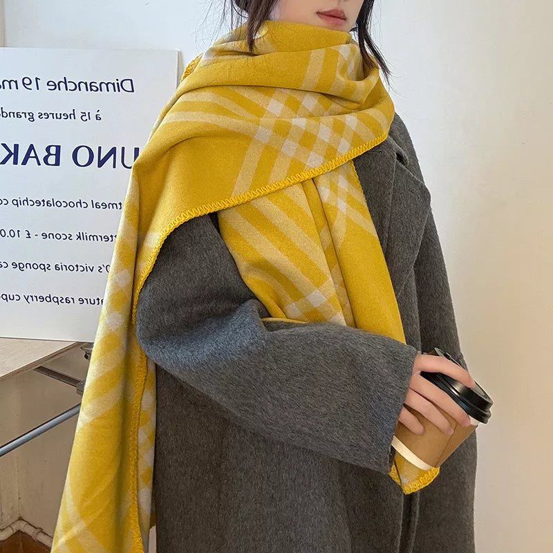 Unisex Classic Windowpane Scarf — yellow checked scarf worn long over a dark coat