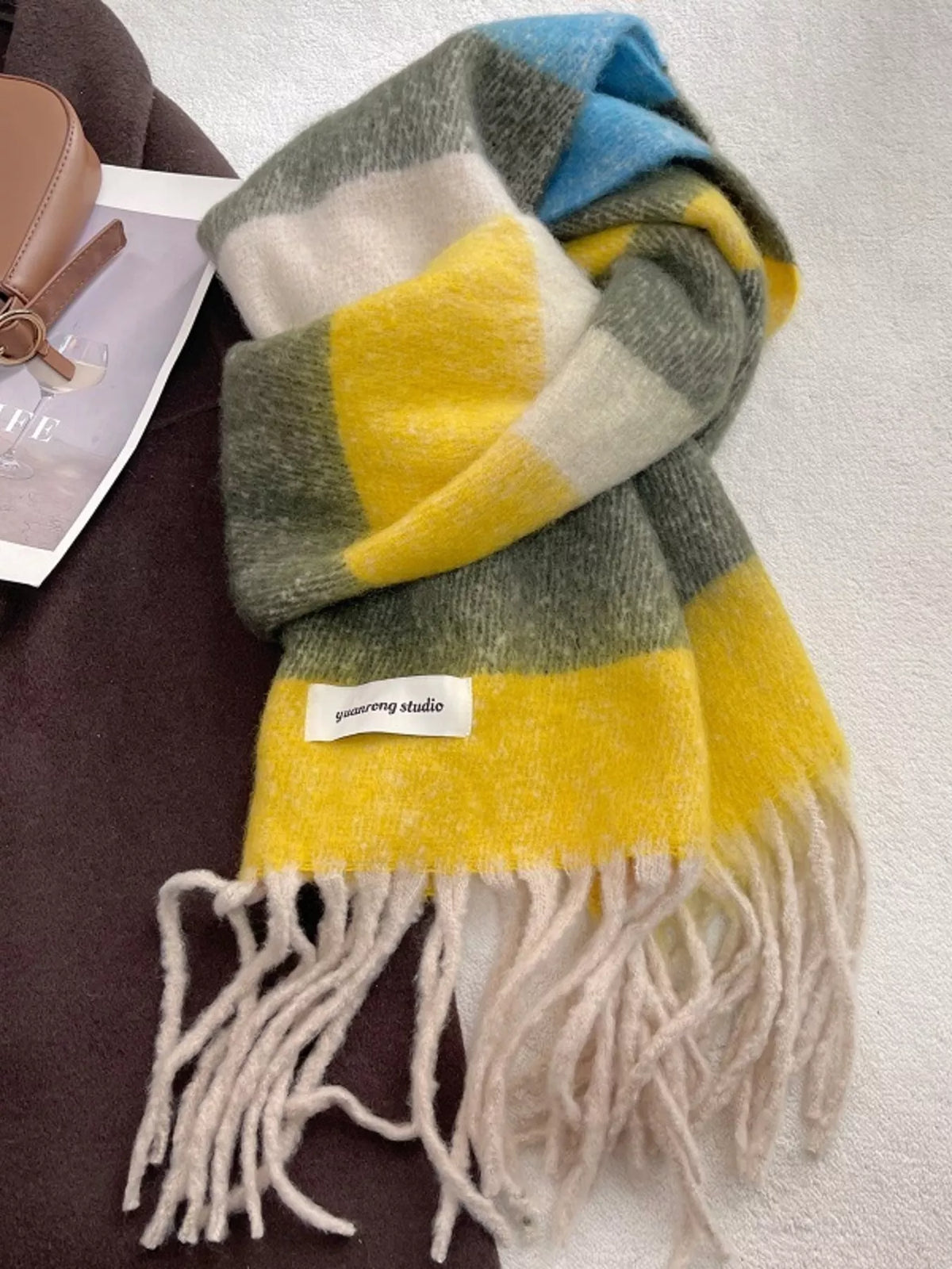 Unisex Soft Plaid Tassel Warm Scarf — yellow and green plaid scarf loosely tied