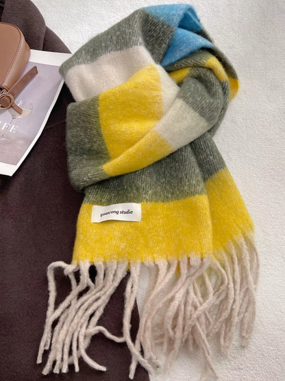 Unisex Soft Plaid Tassel Warm Scarf — yellow and green plaid scarf loosely tied