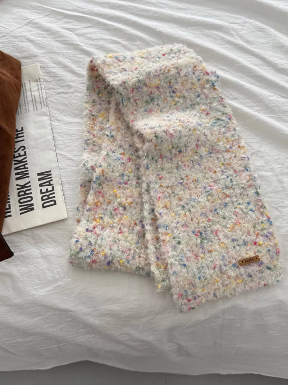 Unisex Multicolor Speckled Knit Scarf — cream multicolor speckled scarf folded flat