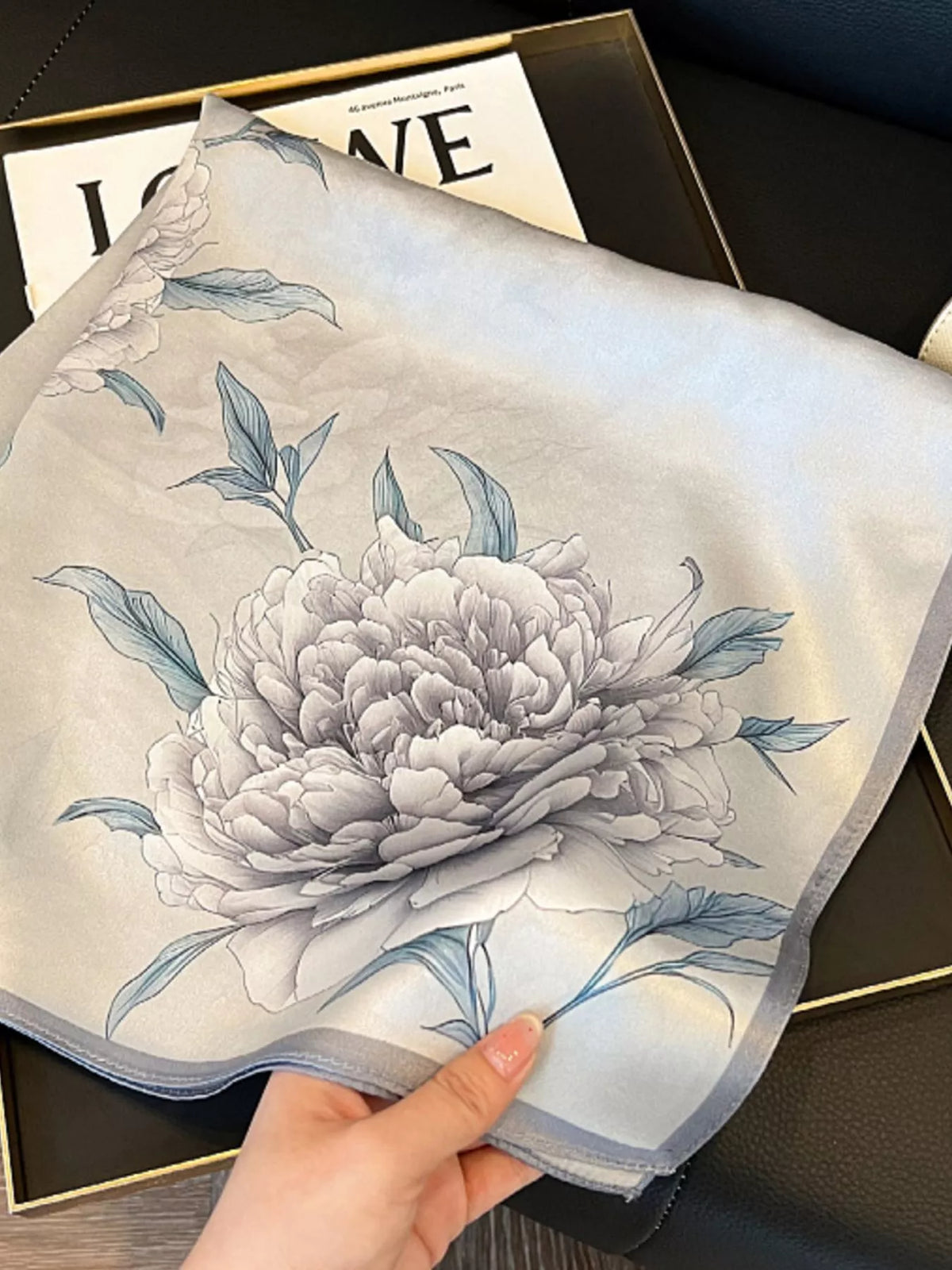 Unisex Floral Print Silk Square Scarf — floral silk square partially unfolded