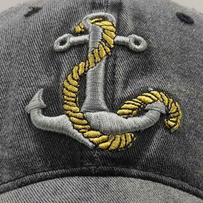 Unisex Black Vintage Washed Anchor Embroidered Baseball Cap brim profile