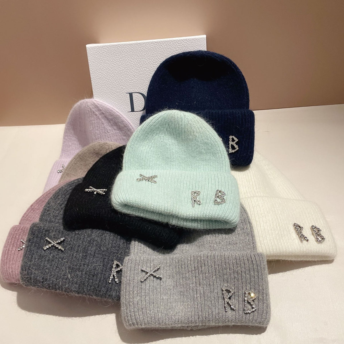 Women's Rhinestone Embellished RB Letter Knit Winter Beanie — assortment of RB letter beanies in pale and dark colors