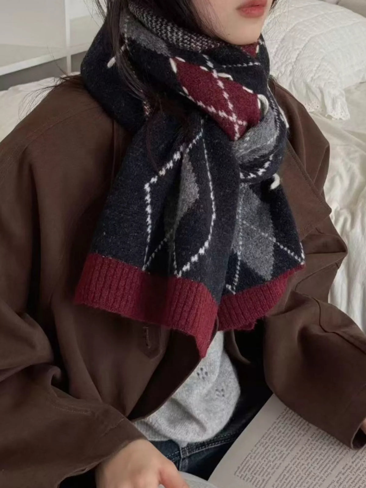 Unisex Classic Argyle Knitted Winter Scarf — closer outfit view of diamond patterned scarf