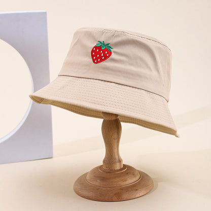 Women's Beige Strawberry Embroidered Casual Bucket Hat brim detail