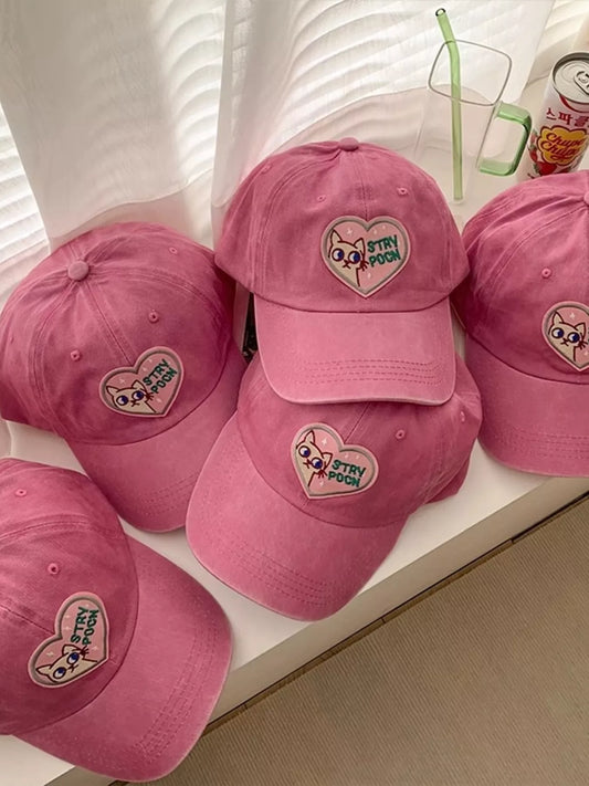Unisex heart cat embroidered baseball cap set - heart patch detail