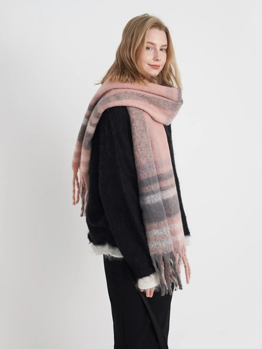 Oversized plaid fringe scarf - product photo 5