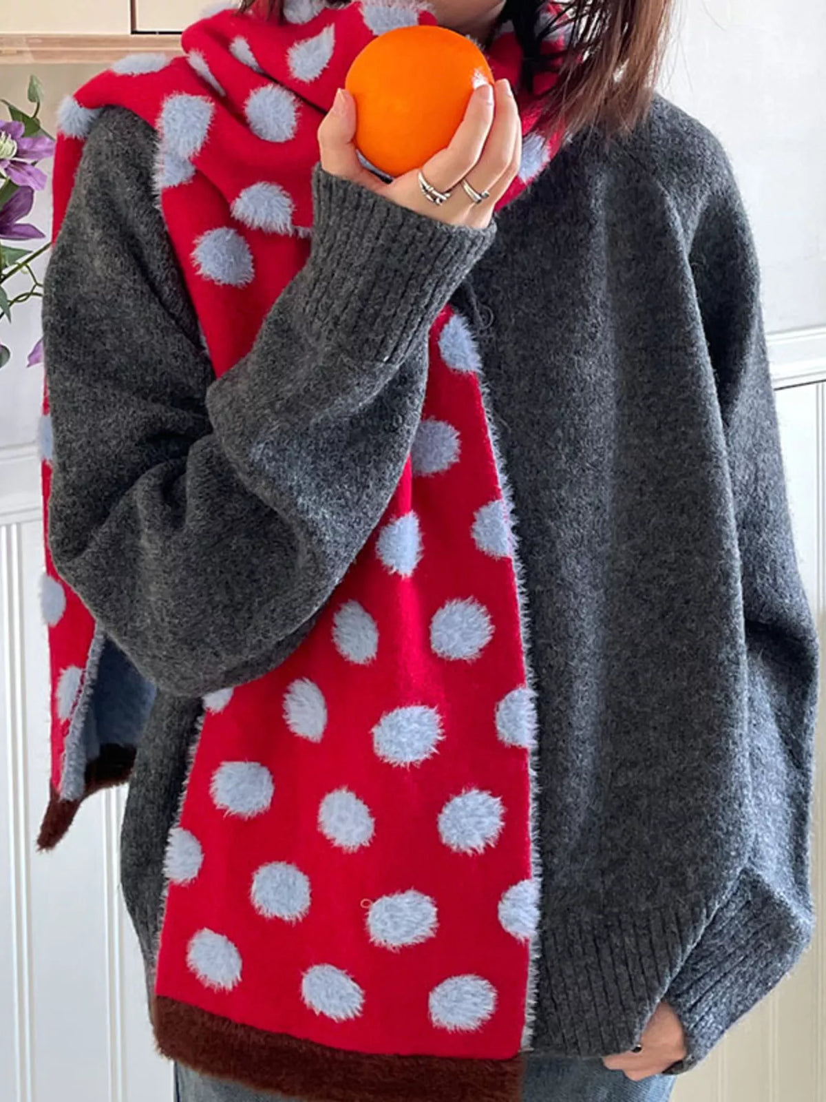 Unisex Blue Polka Dot Scarf — red and blue dot scarf styled with a dark cardigan
