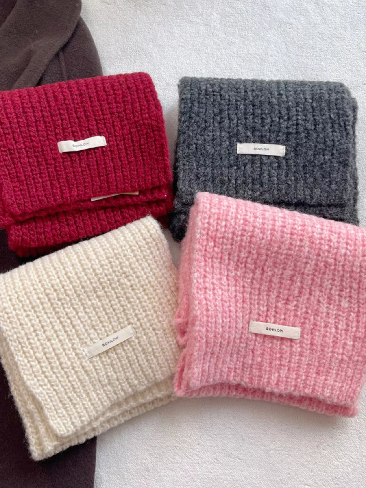 Unisex Cozy Knitted Winter Scarf — 47.2-Inch — red gray pink and cream knitted scarves displayed together