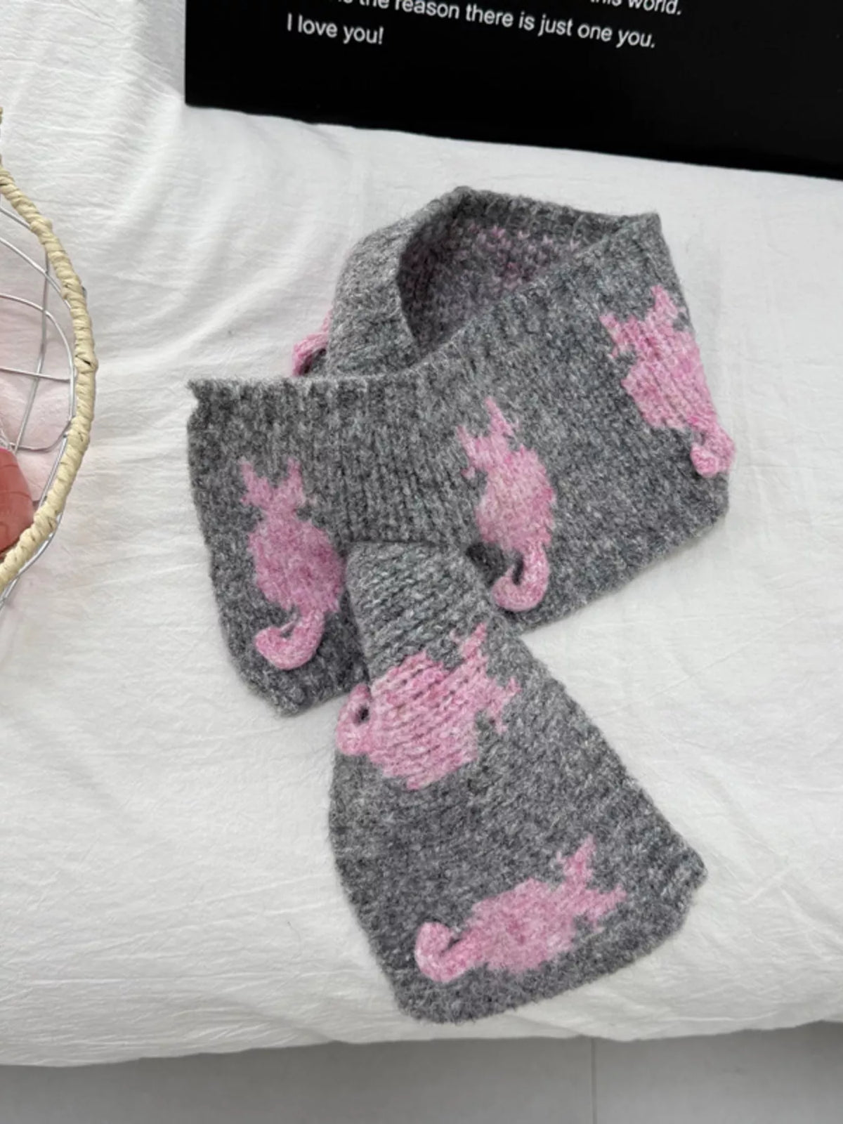 Unisex Short Cat Motif Scarf — dark gray scarf with pink contrasting cats
