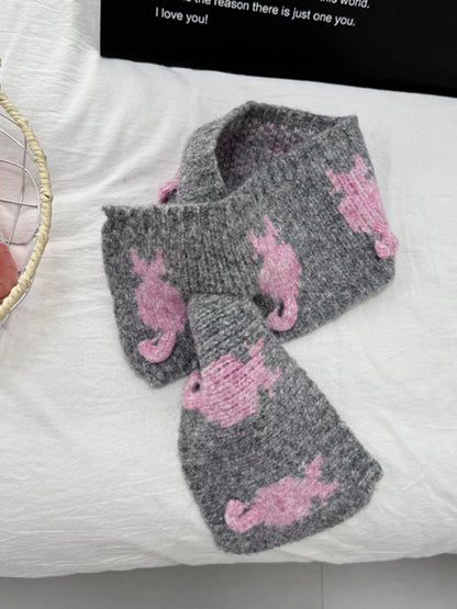 Unisex Short Cat Motif Scarf — dark gray scarf with pink contrasting cats