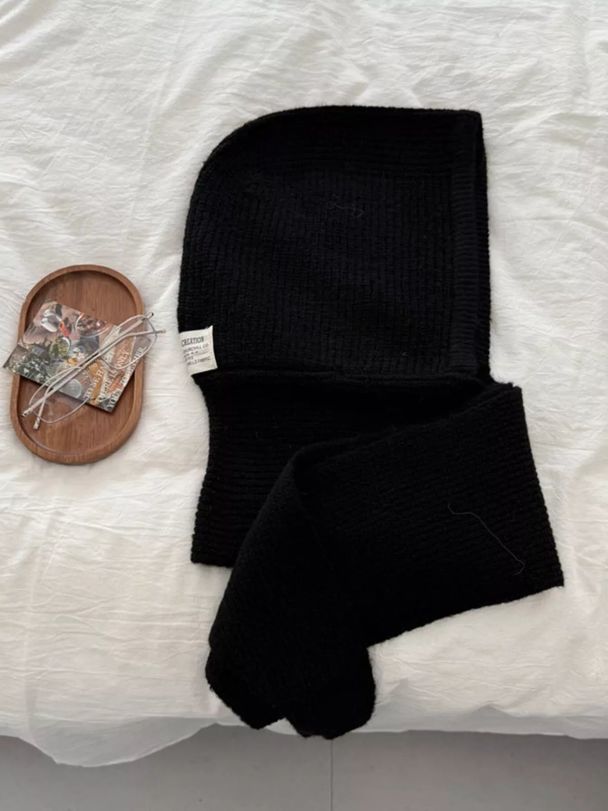 Unisex Hooded Knit Neck Scarf — black knit hood and scarf laid flat