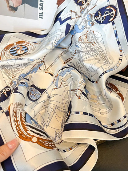 Unisex Nautical Print Silk Square Scarf — gathered fabric showing blue rope inspired lines