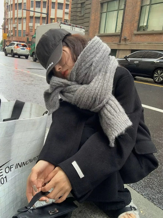 Unisex Cozy Knitted Winter Scarf in Light Gray - front view 1