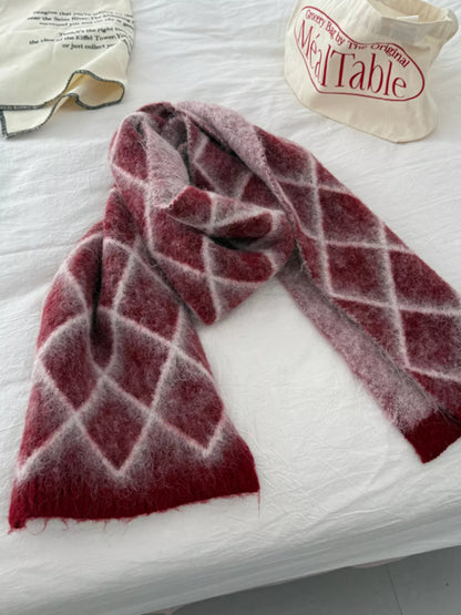 Unisex Diamond Grid Fuzzy Scarf — red diamond scarf looped beside the dark version
