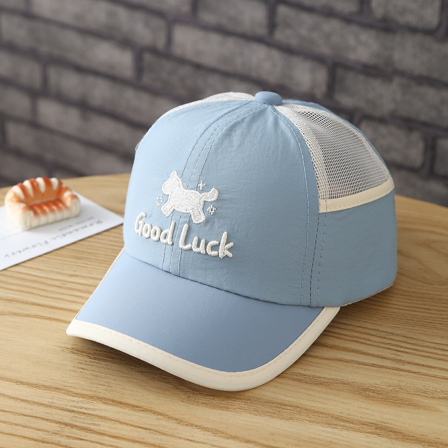 Red embroidered dog mesh cap for children