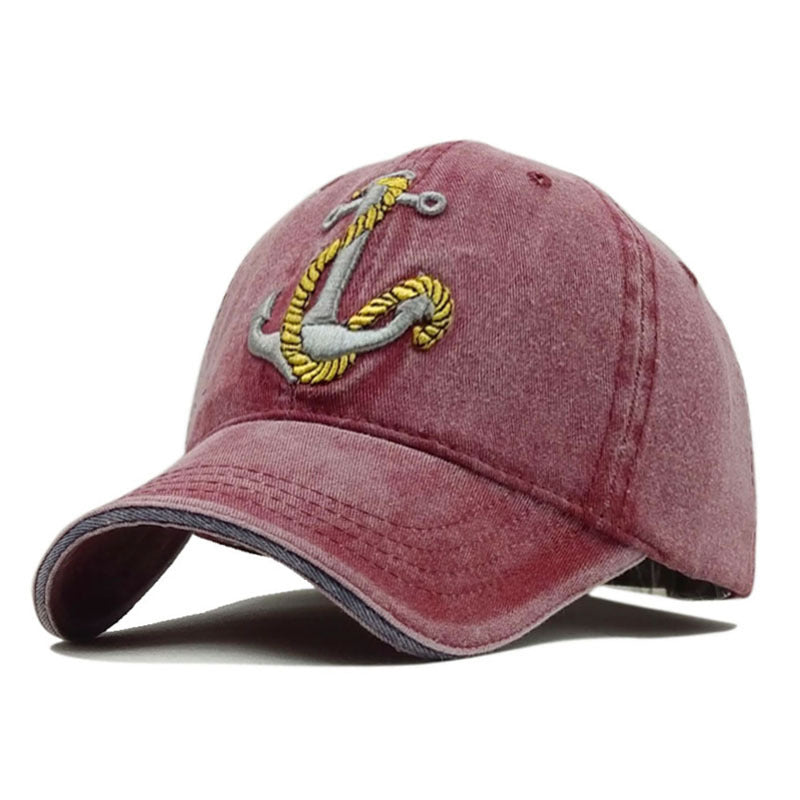 Unisex Khaki Vintage Washed Anchor Embroidered Baseball Cap side angle