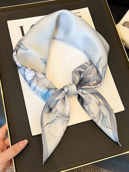 Unisex Floral Print Silk Square Scarf — pale floral silk scarf tied with blue border showing