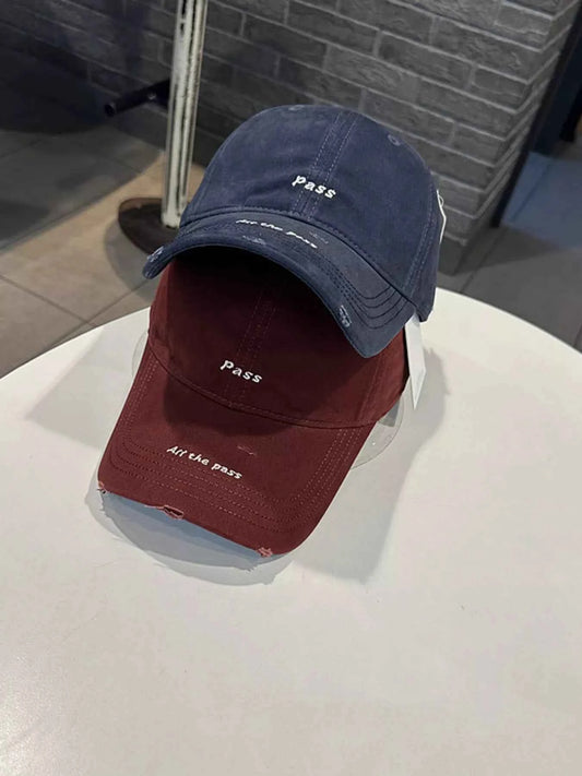 Navy blue distressed slogan baseball cap front