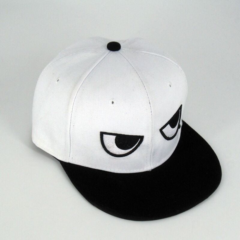 Black angry-eyes flat-brim snapback cap