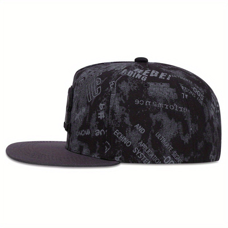 Unisex flat brim R patch cap lifestyle view