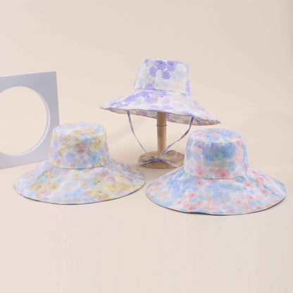Women's Blue Floral Wide Brim Beach Sun Hat texture close-up