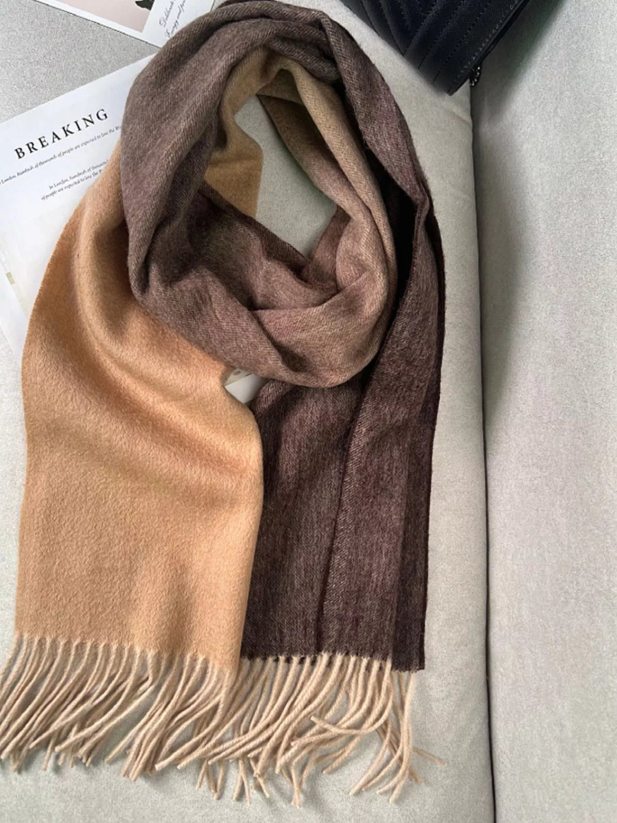 Unisex Color Block Fringe Scarf — brown and tan color block scarf loosely knotted