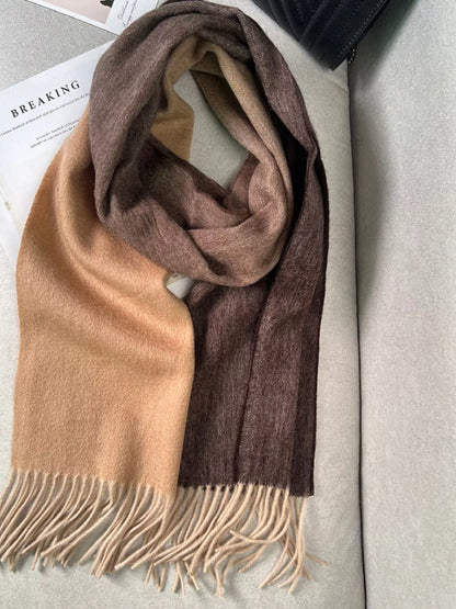 Unisex Color Block Fringe Scarf — brown and tan color block scarf loosely knotted