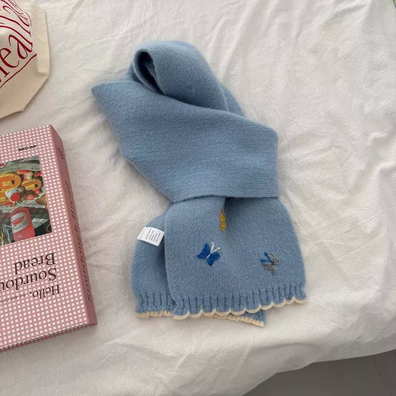 Unisex Butterfly Embroidered Scarf — blue butterfly scarf loosely looped