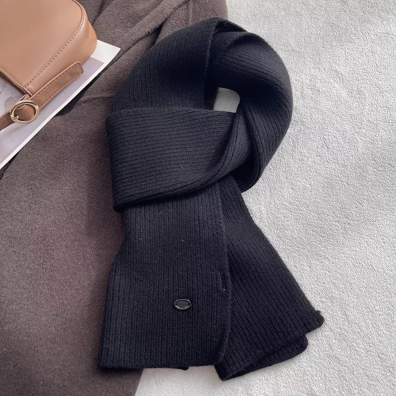 Unisex Pure Wool Warm Knit Scarf — black wool scarf tied with ribbed ends down