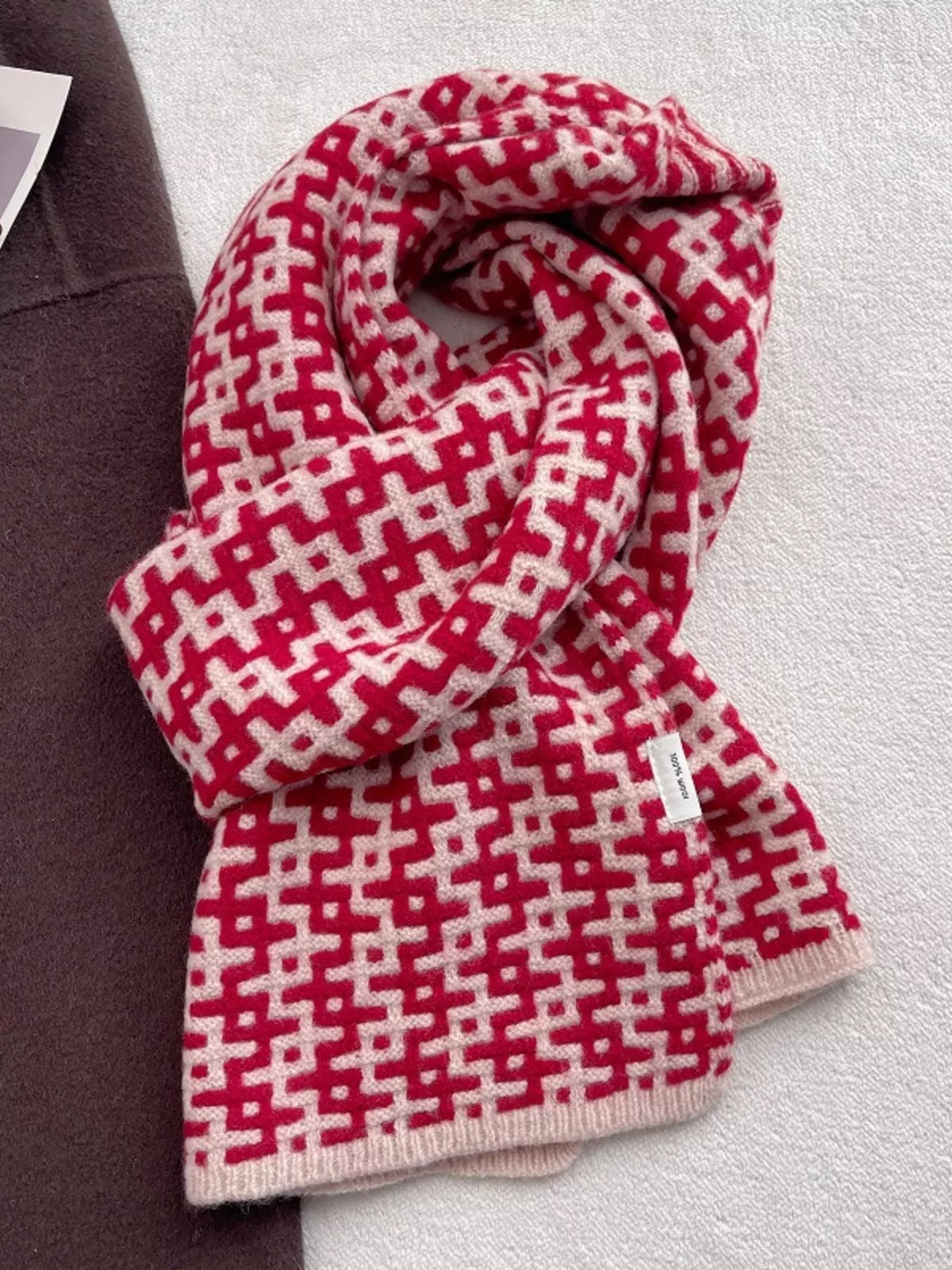 Unisex Wool Geometric Pattern Knitted Warm Scarf — red geometric scarf tied with end borders visible