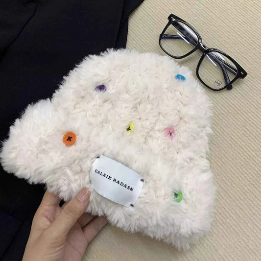 Beige white plush beanie with colorful button decor
