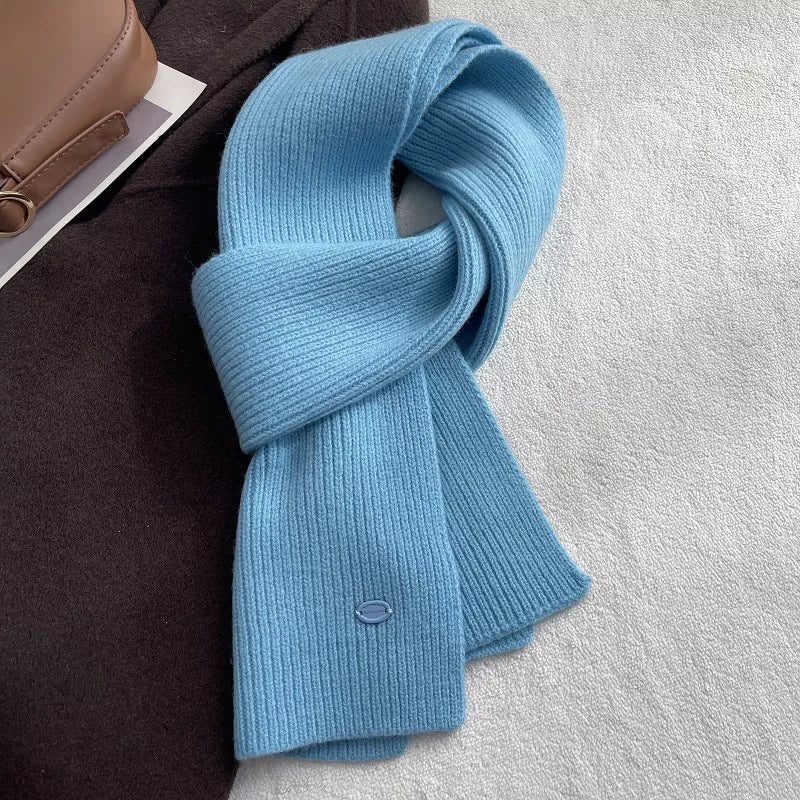 Unisex Pure Wool Warm Knit Scarf — glacier blue scarf showing fine knit and ribbed edges
