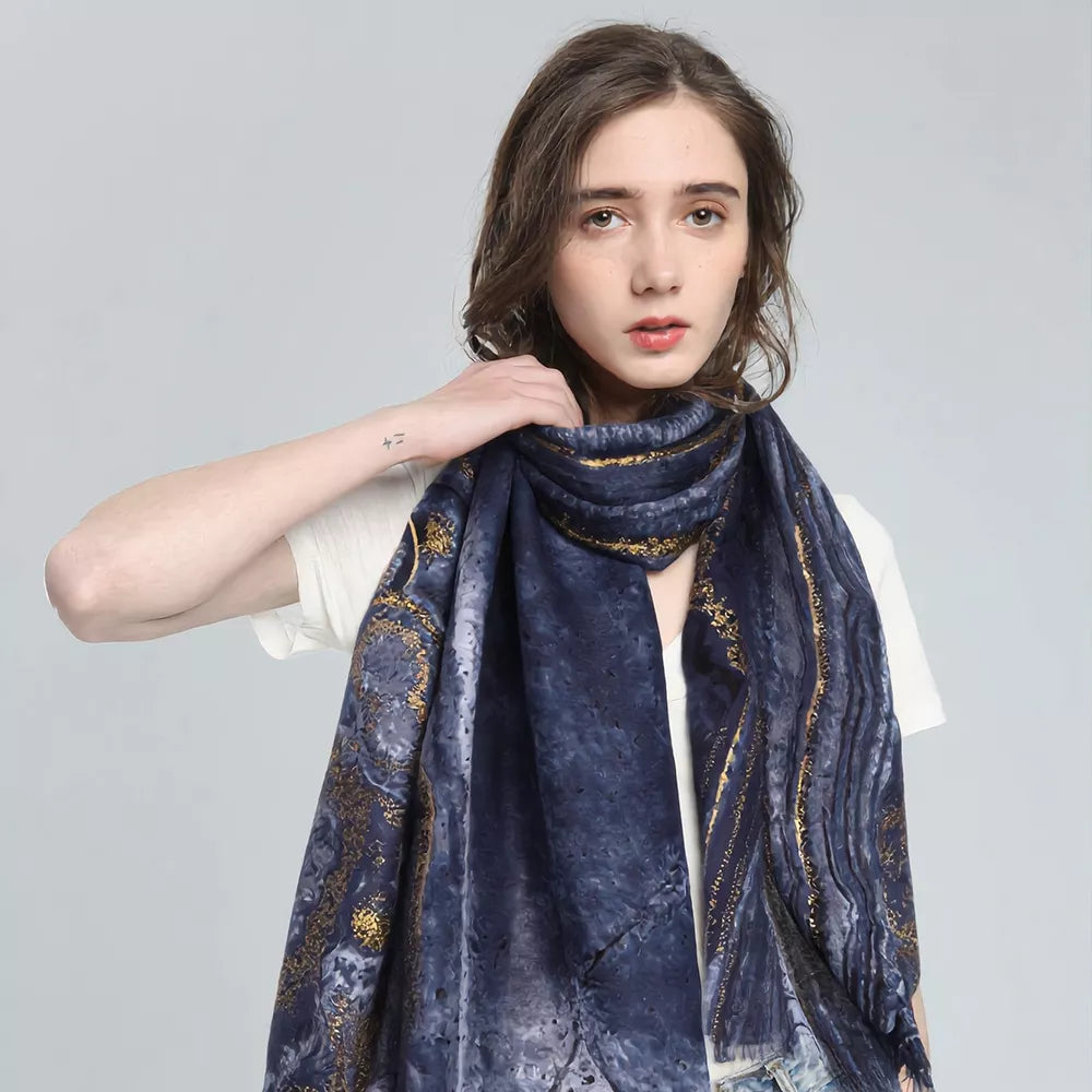 Unisex Marble Print Foil Scarf — blue marbled scarf loosely wrapped at the neckline