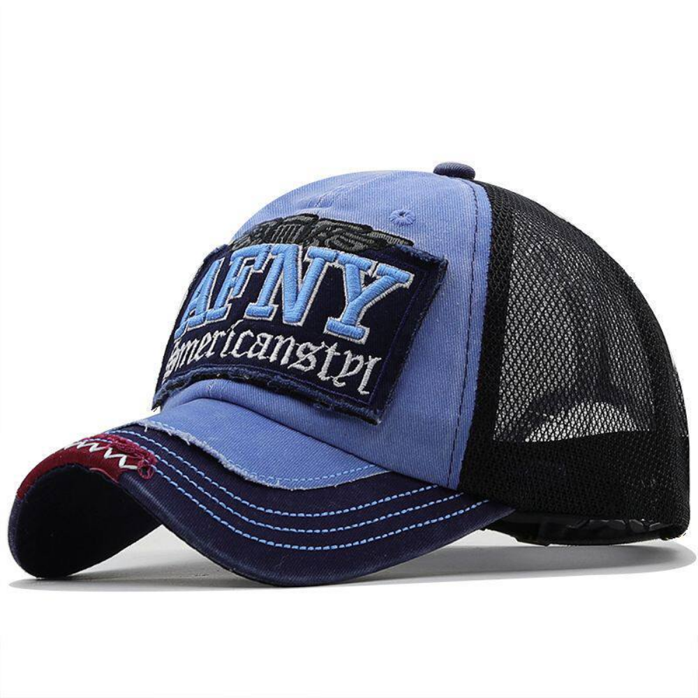 Black and army green distressed patchwork trucker cap