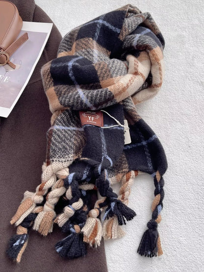 Unisex Warm Plaid Tassel Scarf — dark blue and cream plaid scarf loosely tied