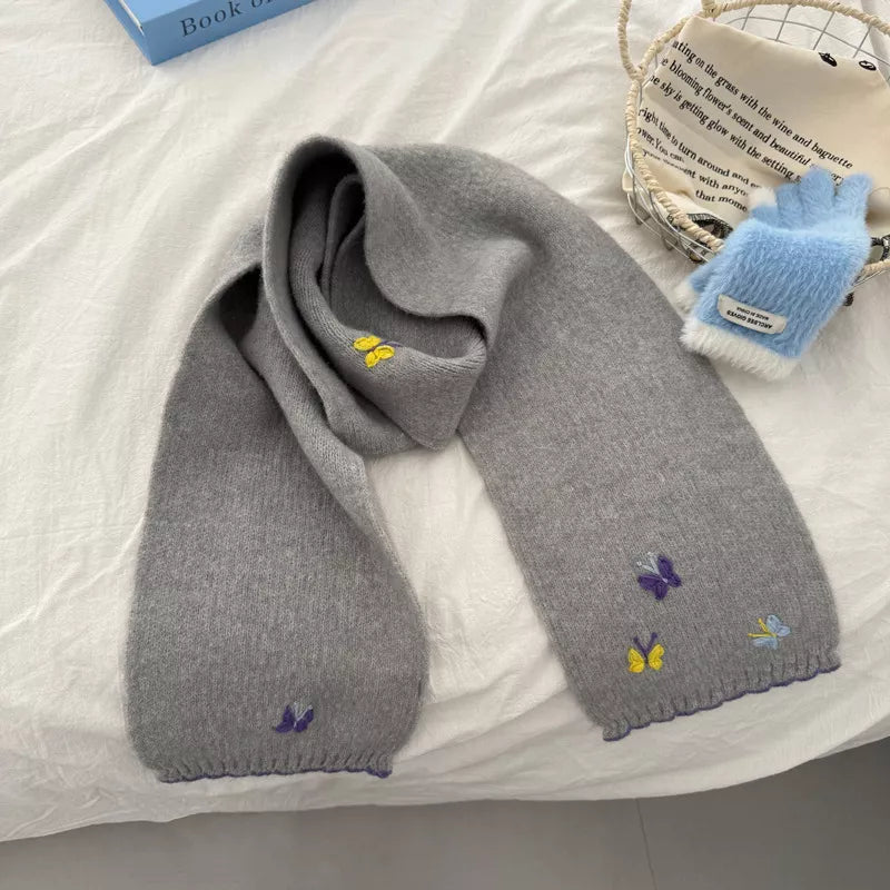 Unisex Butterfly Embroidered Scarf — gray scarf with contrasting butterfly embroidery