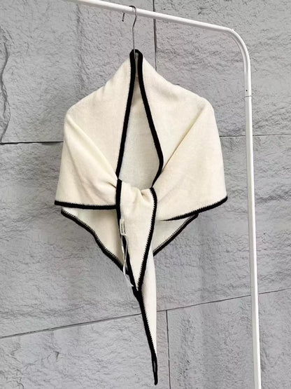 Unisex 100% Wool Contrast Trim Scarf — pale triangular scarf hanging with dark outline visible