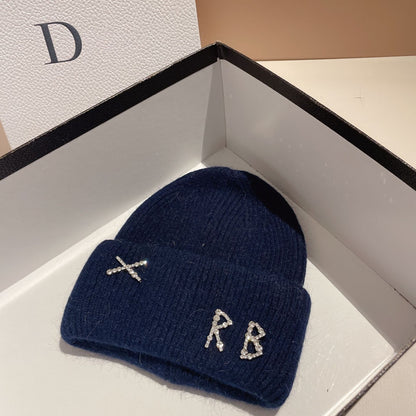 Women's Rhinestone Embellished RB Letter Knit Winter Beanie — navy blue RB beanie with a turned cuff