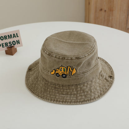Kids Blue Excavator Embroidered Washed Bucket hat color option display