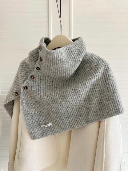 Women's High Neck Buttoned Knit Cape Shawl — gray knit shawl with high collar and side buttons