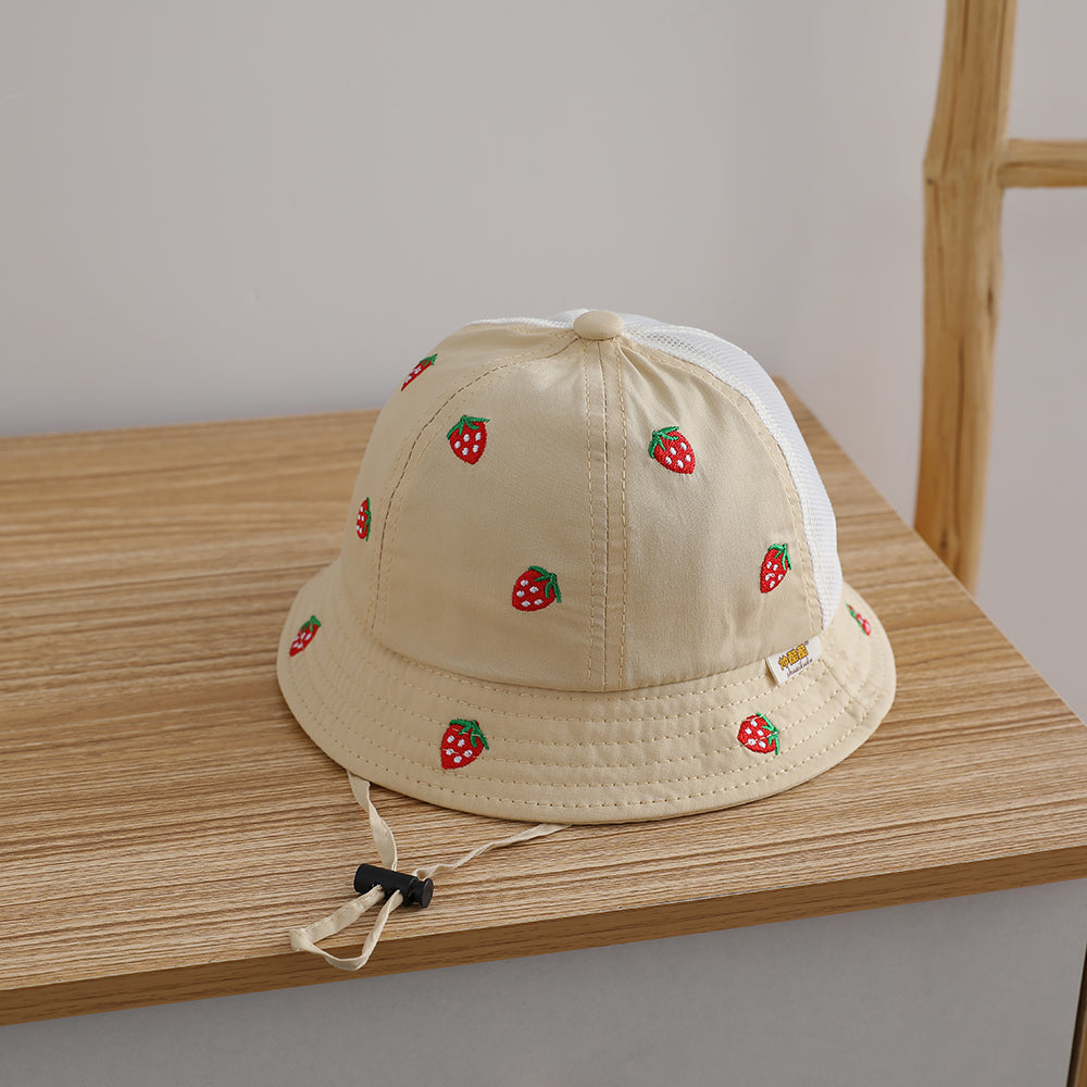 Kids White Strawberry Embroidered Mesh Bucket Sun hat casual styling view