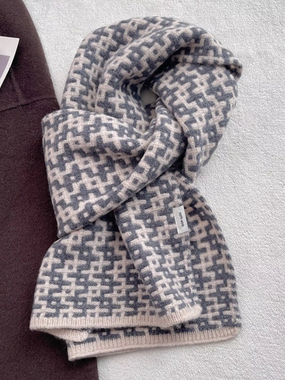 Unisex Wool Geometric Pattern Knitted Warm Scarf — gray patterned scarf with pale repeating motifs