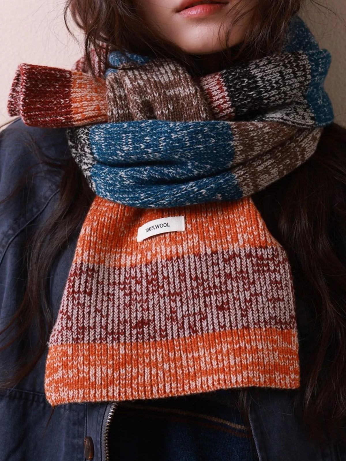 Unisex 100% Wool Color Block Knitted Scarf — wrapped scarf showing marled orange and blue bands