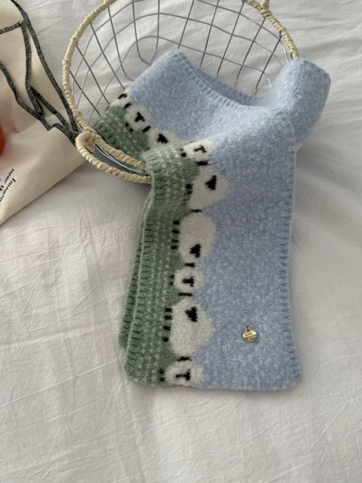 Unisex Sheep Motif Knit Scarf — blue sheep motif scarf with green contrast band